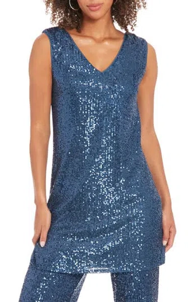 Muse Women's V-neck Sleeveless Sequin Tunic Top In Blue