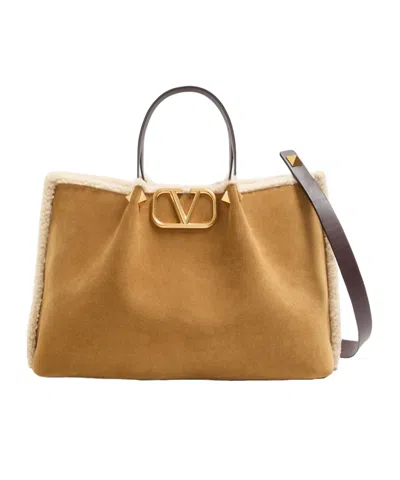 Valentino Garavani  Garavani Medium Suede Shopping Bag With Sheepskin Lining Woman Havana B In Brown