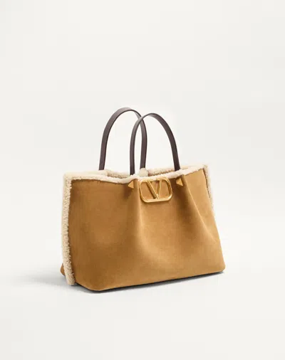 Valentino Garavani  Garavani Medium Suede Shopping Bag With Sheepskin Lining Woman Havana B In Brown