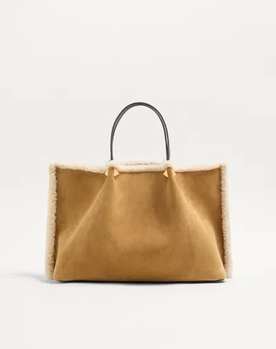 Valentino Garavani  Garavani Medium Suede Shopping Bag With Sheepskin Lining Woman Havana B In Brown