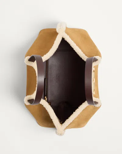 Valentino Garavani  Garavani Medium Suede Shopping Bag With Sheepskin Lining Woman Havana B In Brown