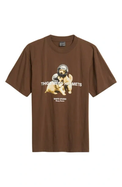 Santo Studio Thugs Need Helmets Graphic T-shirt In Brown