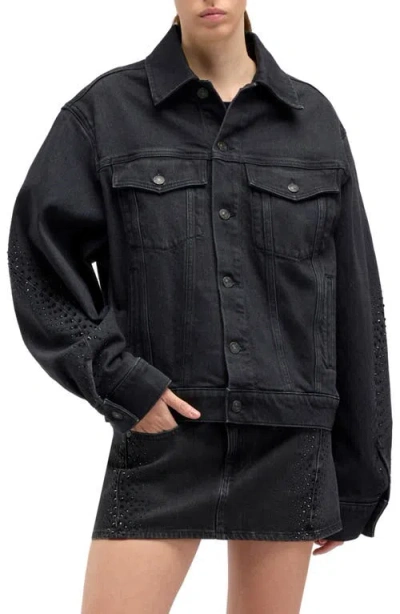 7 For All Mankind Embellished Twisted Seam Denim Jacket In Black