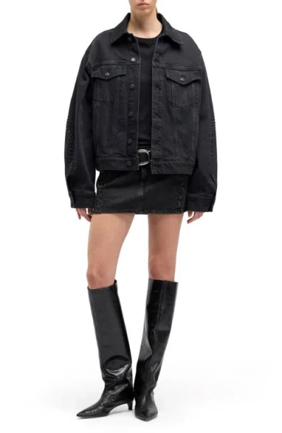 7 For All Mankind Embellished Twisted Seam Denim Jacket In Black