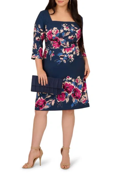 Adrianna Papell Plus Size Floral Printed Midi Dress In Blue