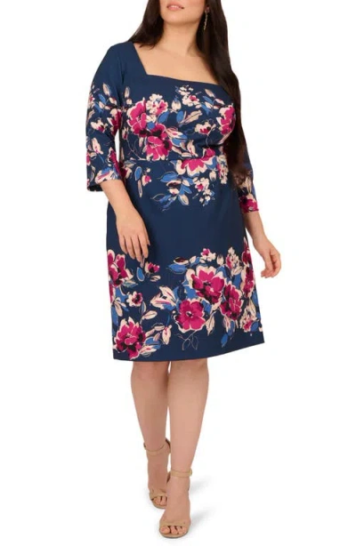 Adrianna Papell Plus Size Floral Printed Midi Dress In Blue