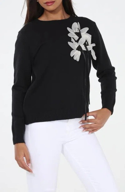 Rain And Rose Floral String Sweater In Black