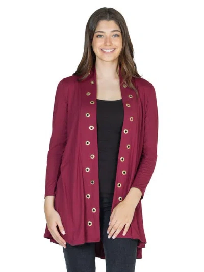 24seven Comfort Apparel Long Sleeve Mid Thigh Open Front Cardigan With Grommet Details In Burgundy