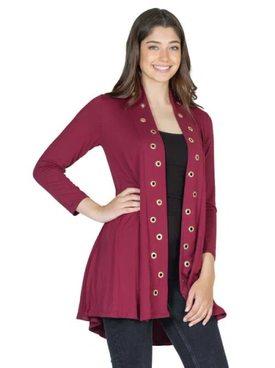 24seven Comfort Apparel Long Sleeve Mid Thigh Open Front Cardigan With Grommet Details In Burgundy