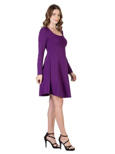 24seven Comfort Apparel Women's Simple Long Sleeve Knee Length Flared Dress In Purple