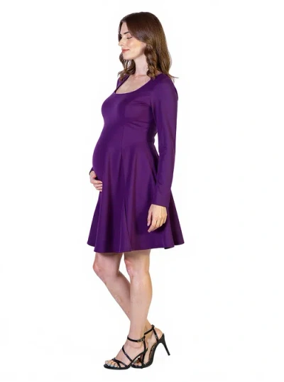 24seven Comfort Apparel Women's Simple Long Sleeve Knee Length Flared Dress In Purple