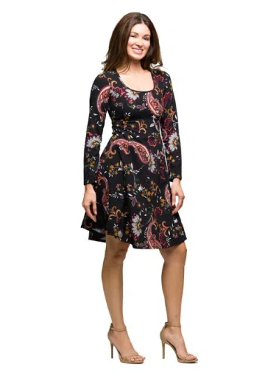 24seven Comfort Apparel Women's Black Paisley Print Long Sleeve Fit And Flare Dress In Multi