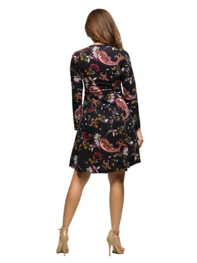 24seven Comfort Apparel Women's Black Paisley Print Long Sleeve Fit And Flare Dress In Multi