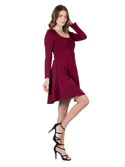 24seven Comfort Apparel Long Sleeve Knee Length Skater Dress In Burgundy