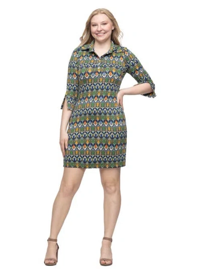 24seven Comfort Apparel Women's Green Print Three Quarter Sleeve Mini Dress In Multi