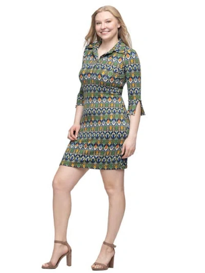 24seven Comfort Apparel Women's Green Print Three Quarter Sleeve Mini Dress In Multi