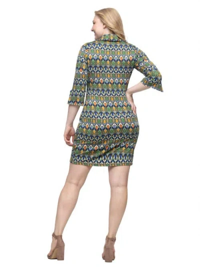 24seven Comfort Apparel Women's Green Print Three Quarter Sleeve Mini Dress In Multi