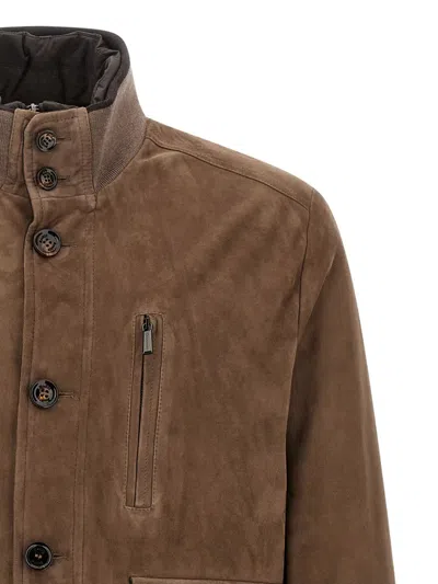Moorer Buttoned High Neck Jacket In Brown