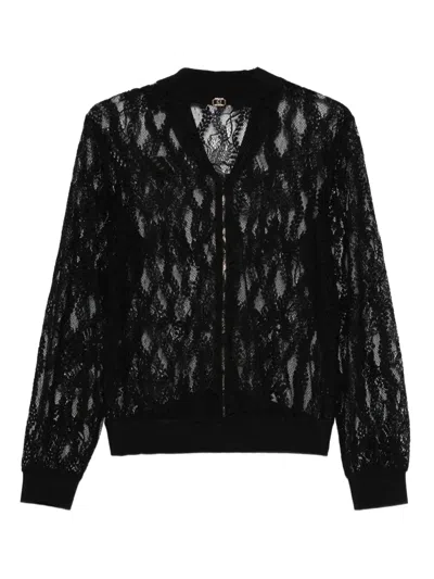 Liu •jo Lace-panel Zip-front Cardigan In Black