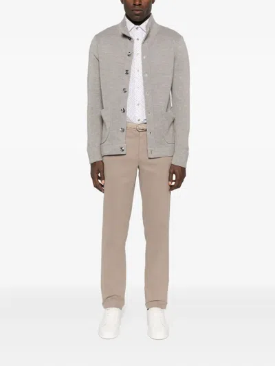 Sand Mock-neck Patch-pocket Cardigan In Gray