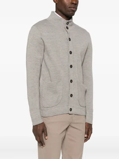 Sand Mock-neck Patch-pocket Cardigan In Gray