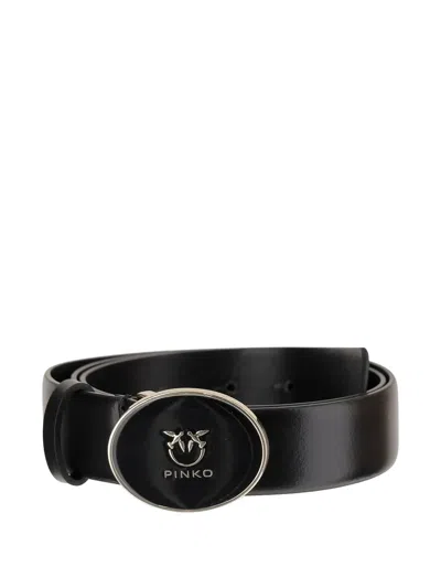 Pinko Black Belt With Logo Plaque Closure In Leather Woman In Black
