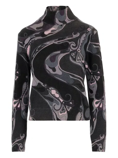 Pucci Orchid Print Wool Sweater In Black