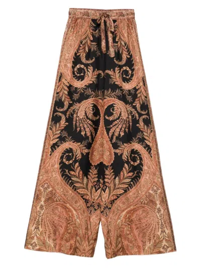 Zimmermann Wide-leg Trousers With Intricate Baroque Print And Adjustable Waistband In Multi