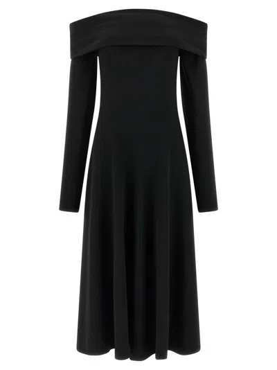 Alberta Ferretti Slightly Stretch Cady Midi Dress With Off-the-shoulder Neckline In Black