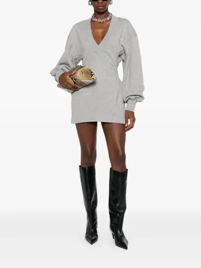 Attico Grey Mini Dress With V Neck And Logo Lettering On The Front In Cotton Woman In White