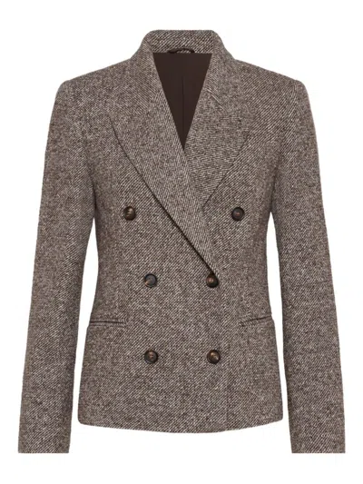 Brunello Cucinelli Virgin Wool And Silk Melange Diagonal Double-breasted Blazer In Brown