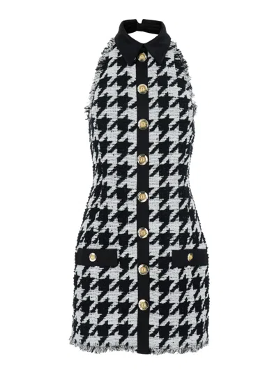 Balmain Black And White Halterneck Mini Dress With Houndstooth Motif In Tweed And Satin Woman In Animal Print