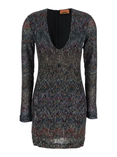 Missoni Multicolour Dress With Deep Neckline And All-over Sequins In Viscose Woman In Black