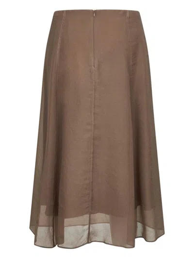 Brunello Cucinelli Asymmetric Flared Midi Skirt With Stitched Accents In Brown