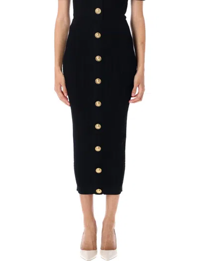 Balmain Black Viscose Blend Ribbed Knit Midi Skirt In Multi