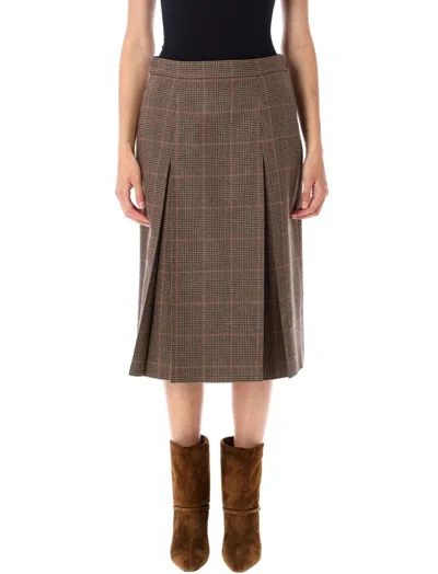 Saint Laurent Grey Midi Skirt With Side Concealed Zip Closure And All-over Check Motif In Wool And Cashmere Woman In Brown