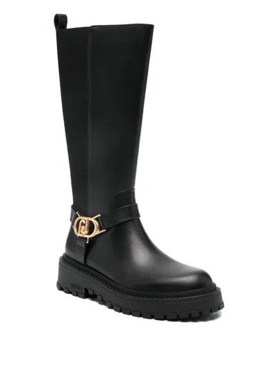 Liu •jo Mid-calf Black Boots With Gold-tone Buckle In Black