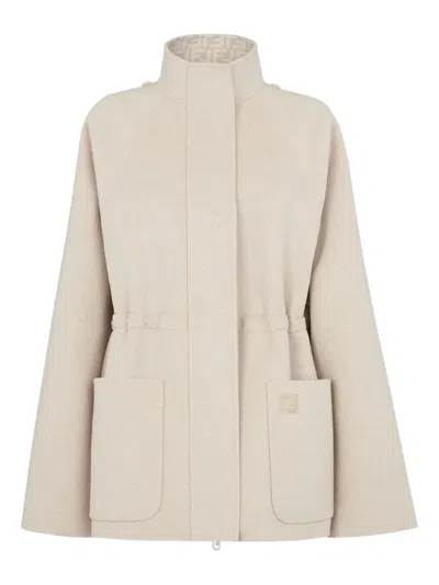 Fendi Beige Wool Parka With Removable Stole And Ff Monogram In Multi