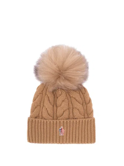 Moncler Grenoble Biscuit Wool Blend Beanie Hat In Brown