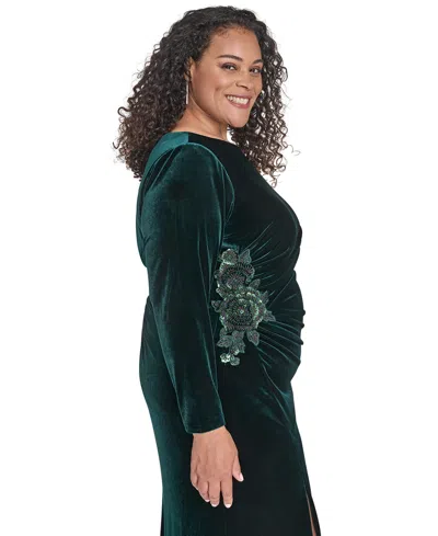 Eliza J Plus Size Side Ruched Velvet Long Gown In Green