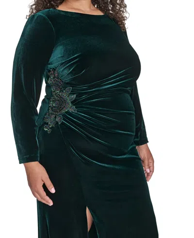 Eliza J Plus Size Side Ruched Velvet Long Gown In Green