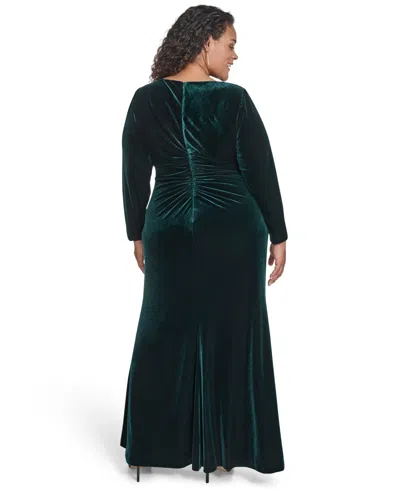 Eliza J Plus Size Side Ruched Velvet Long Gown In Green
