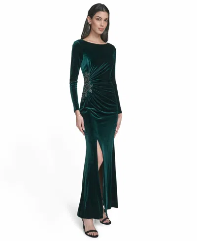 Eliza J Petite Side Ruched Velvet Long Sleeve Gown In Green