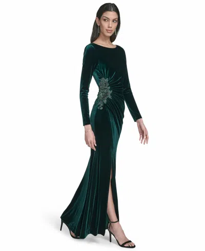 Eliza J Petite Side Ruched Velvet Long Sleeve Gown In Green