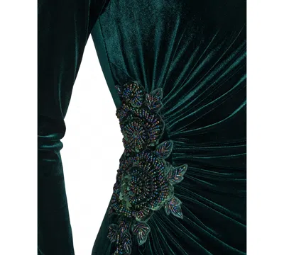 Eliza J Petite Side Ruched Velvet Long Sleeve Gown In Green