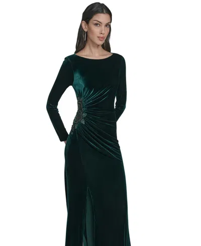 Eliza J Petite Side Ruched Velvet Long Sleeve Gown In Green