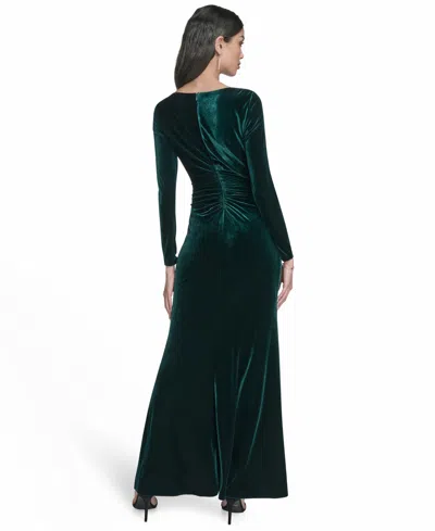 Eliza J Petite Side Ruched Velvet Long Sleeve Gown In Green