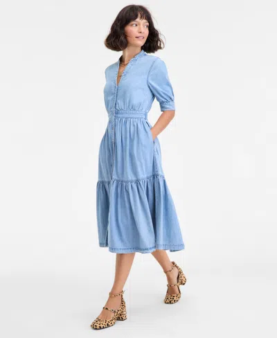 On 34th Women's Denim Puff-sleeve Midi Dress, Macy's Exclusive In Blue