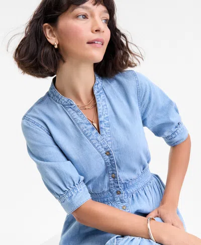 On 34th Women's Denim Puff-sleeve Midi Dress, Macy's Exclusive In Blue