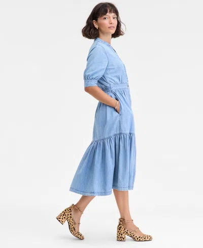 On 34th Women's Denim Puff-sleeve Midi Dress, Macy's Exclusive In Blue